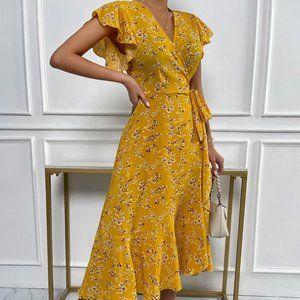 New Floral Print Butterfly Sleeve Knot Side Dress Yellow